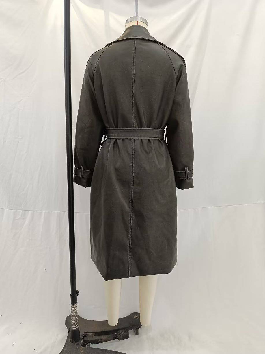 Chic Autumn Winter Women's Distressed Faux Leather Trench Coat with Bow Waist    