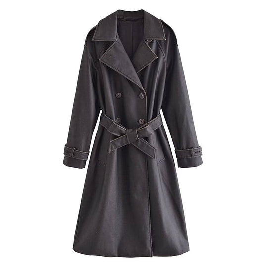 Chic Autumn Winter Women's Distressed Faux Leather Trench Coat with Bow Waist    