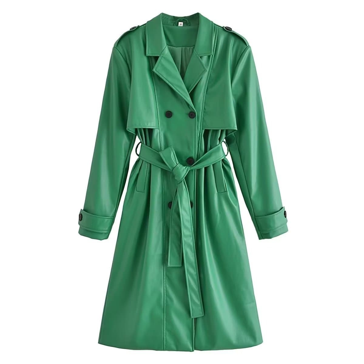 Chic Belted Faux Leather Windbreaker Coat for Stylish Women  XS Green 