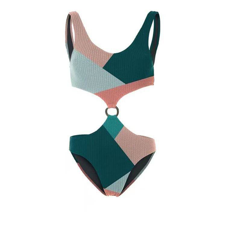 Chic Boho Contrast Color Swimwear Set with Mesh Gauze Skirt  S Multicolor One-Piece Bikini 