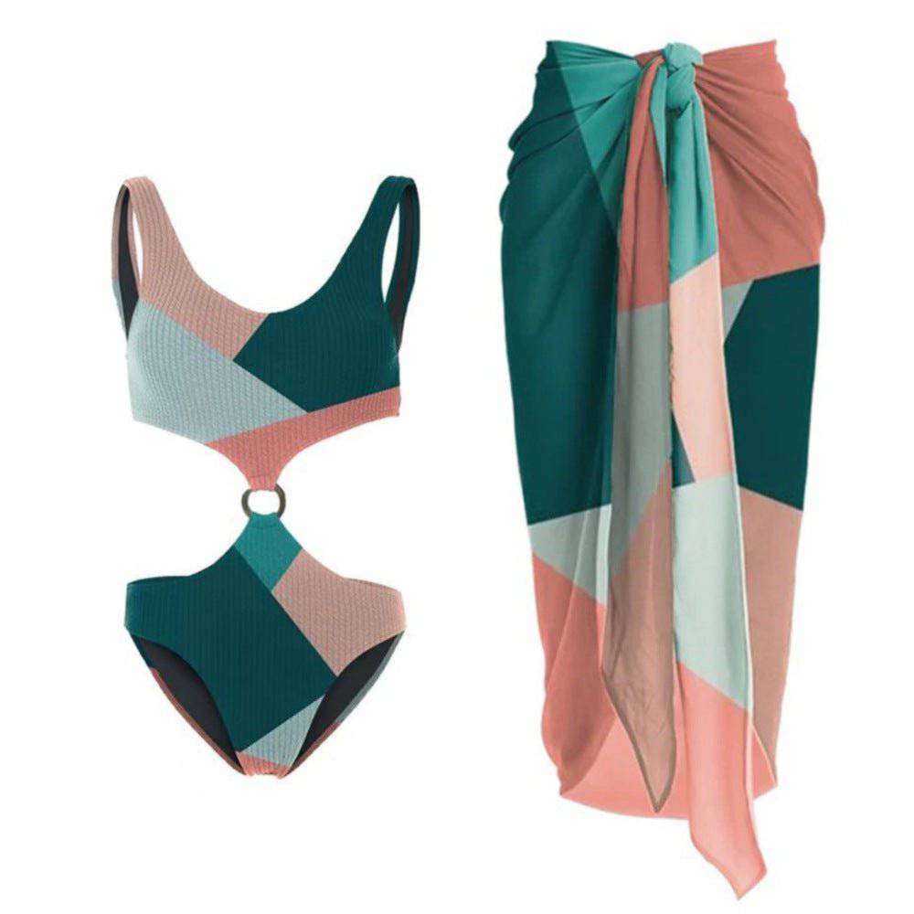Chic Boho Contrast Color Swimwear Set with Mesh Gauze Skirt    