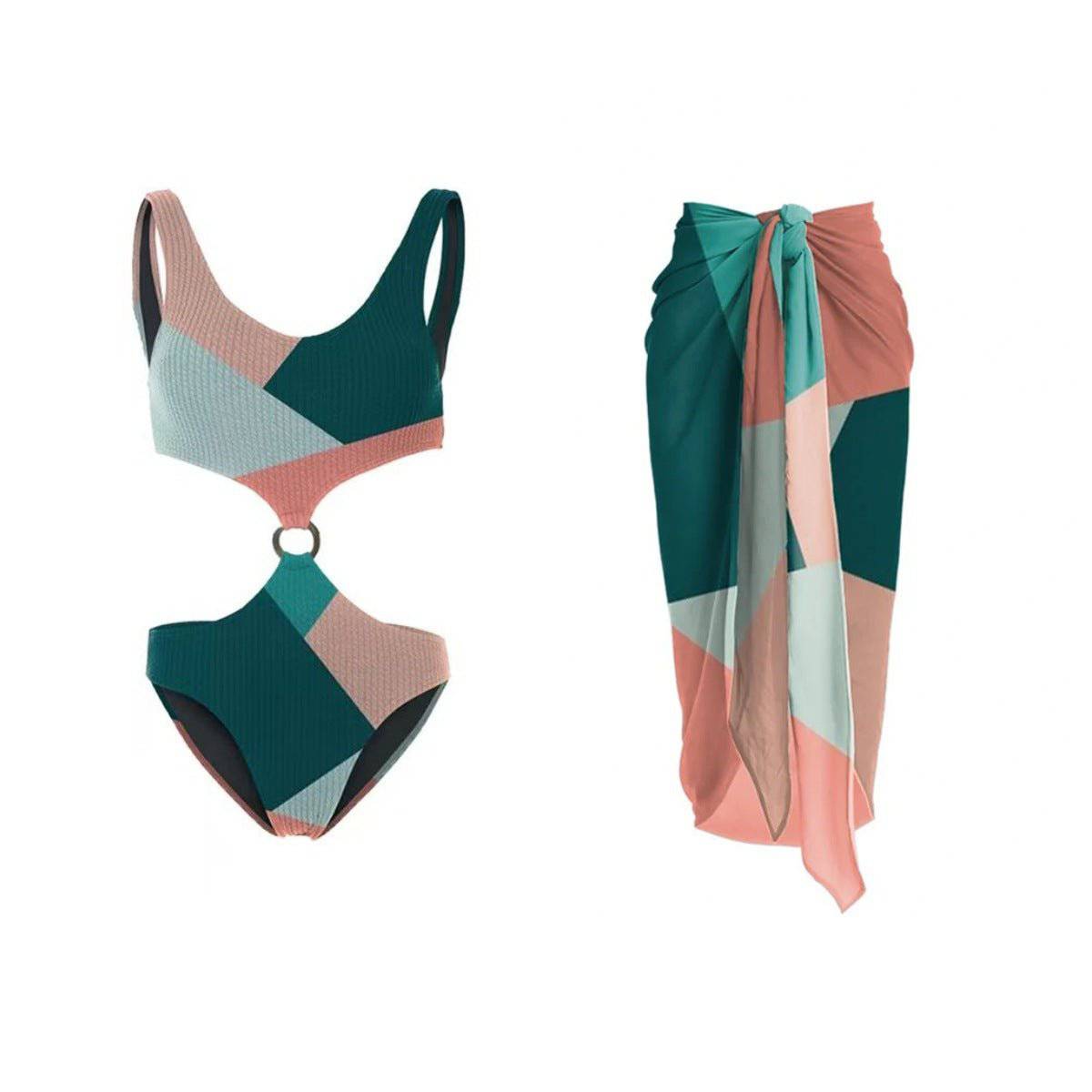 Chic Boho Contrast Color Swimwear Set with Mesh Gauze Skirt  S Multicolor Set 