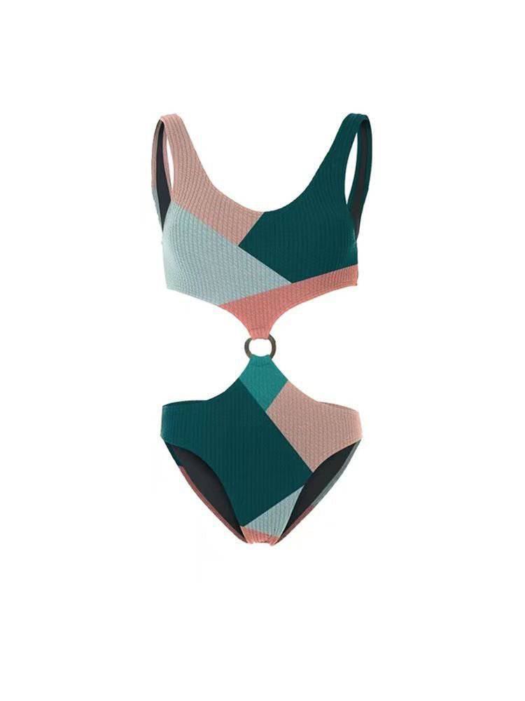 Chic Boho Contrast Color Swimwear Set with Mesh Gauze Skirt    