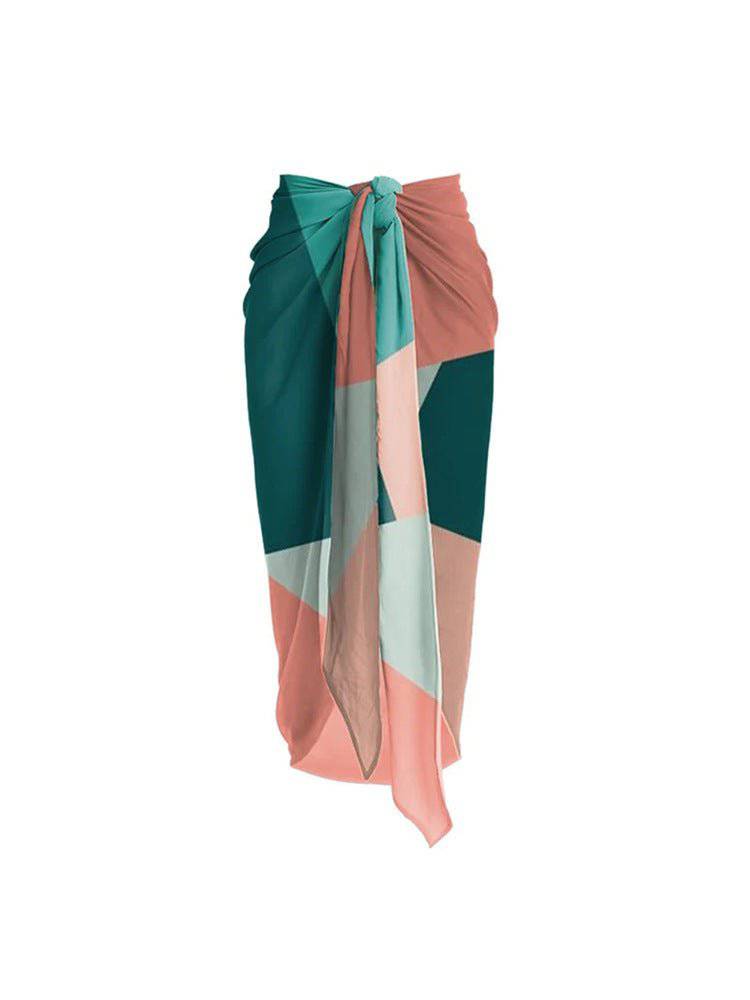 Chic Boho Contrast Color Swimwear Set with Mesh Gauze Skirt    
