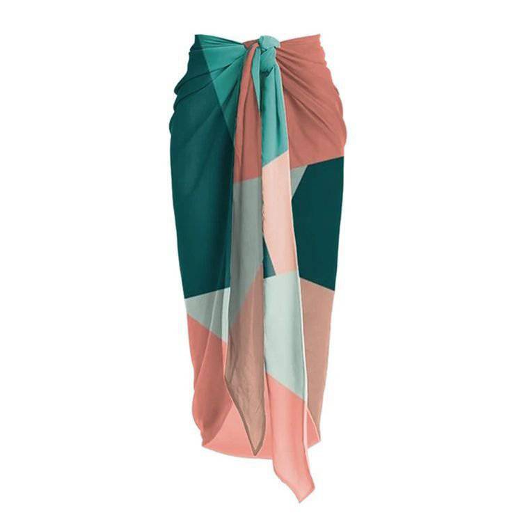 Chic Boho Contrast Color Swimwear Set with Mesh Gauze Skirt  One Size Multicolor Gauze Skirt 