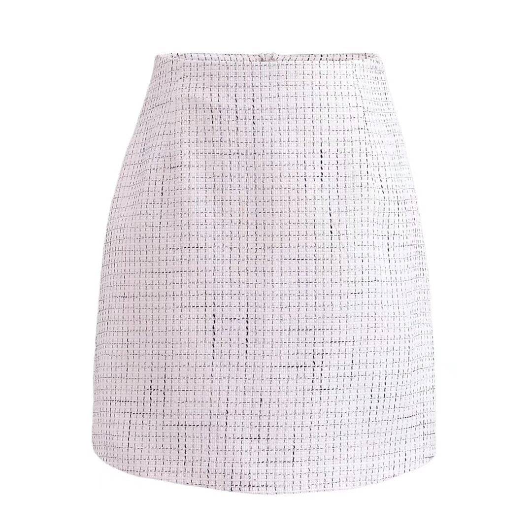 Chic Chanel Tweed Plaid High-Waisted Skirt  S White 