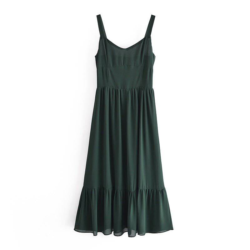 Chic Green A-Line Suspender Dress for Women - French Retro Style Midi Summer Dress  S Green 