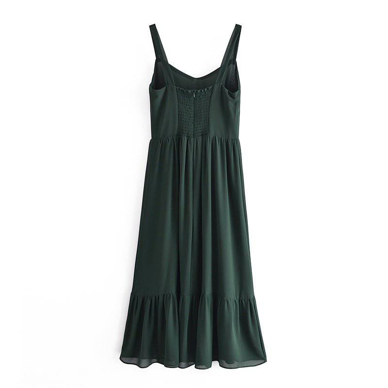 Chic Green A-Line Suspender Dress for Women - French Retro Style Midi Summer Dress    