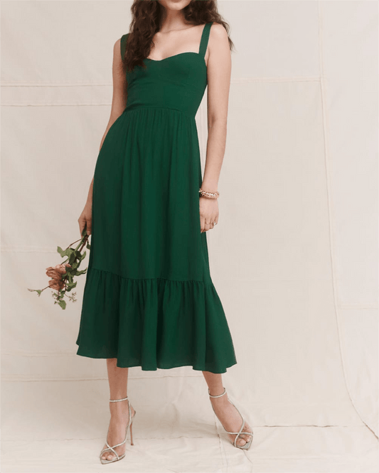 Chic Green A-Line Suspender Dress for Women - French Retro Style Midi Summer Dress    