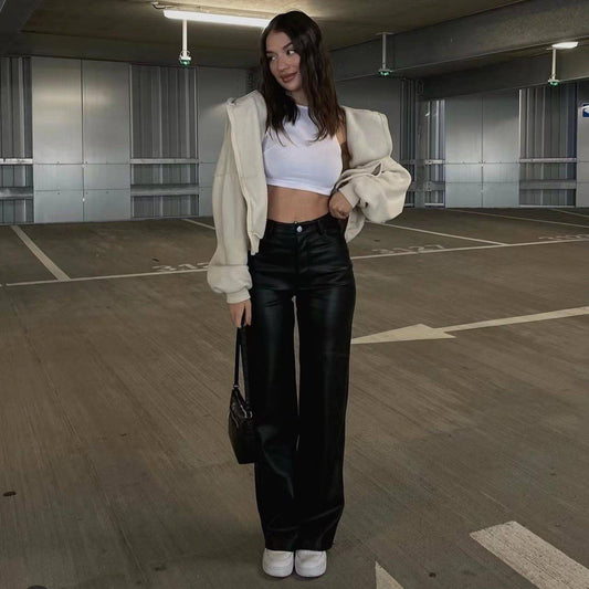 Chic High Rise Faux Leather Straight Leg Pants with Pockets    