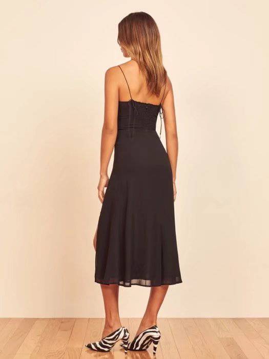 Chic High-Waisted Suspender Midi Dress with Slim V-Neck Cut    