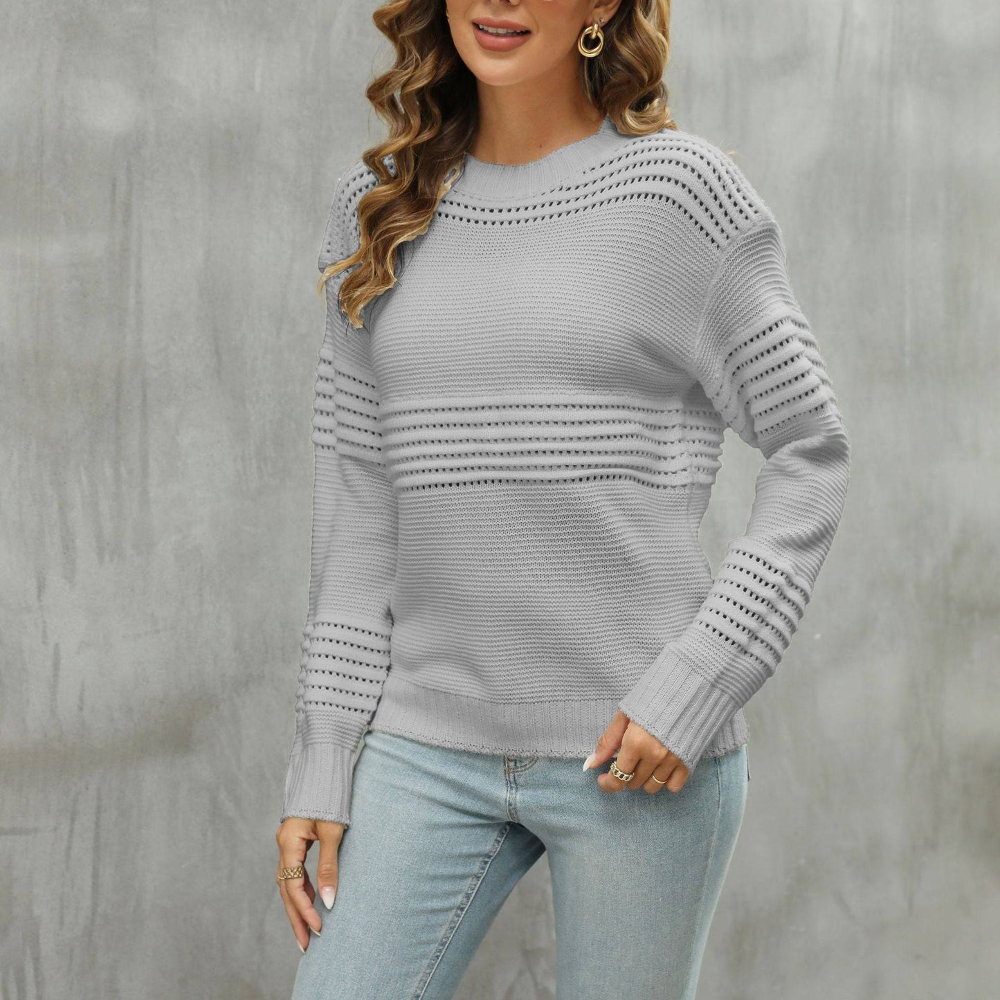 Chic Hollow Out Long-Sleeved Pullover Sweater  S Gray 