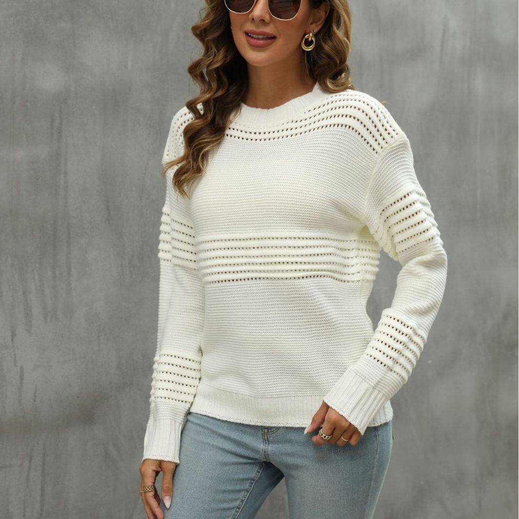 Chic Hollow Out Long-Sleeved Pullover Sweater  S Ivory 