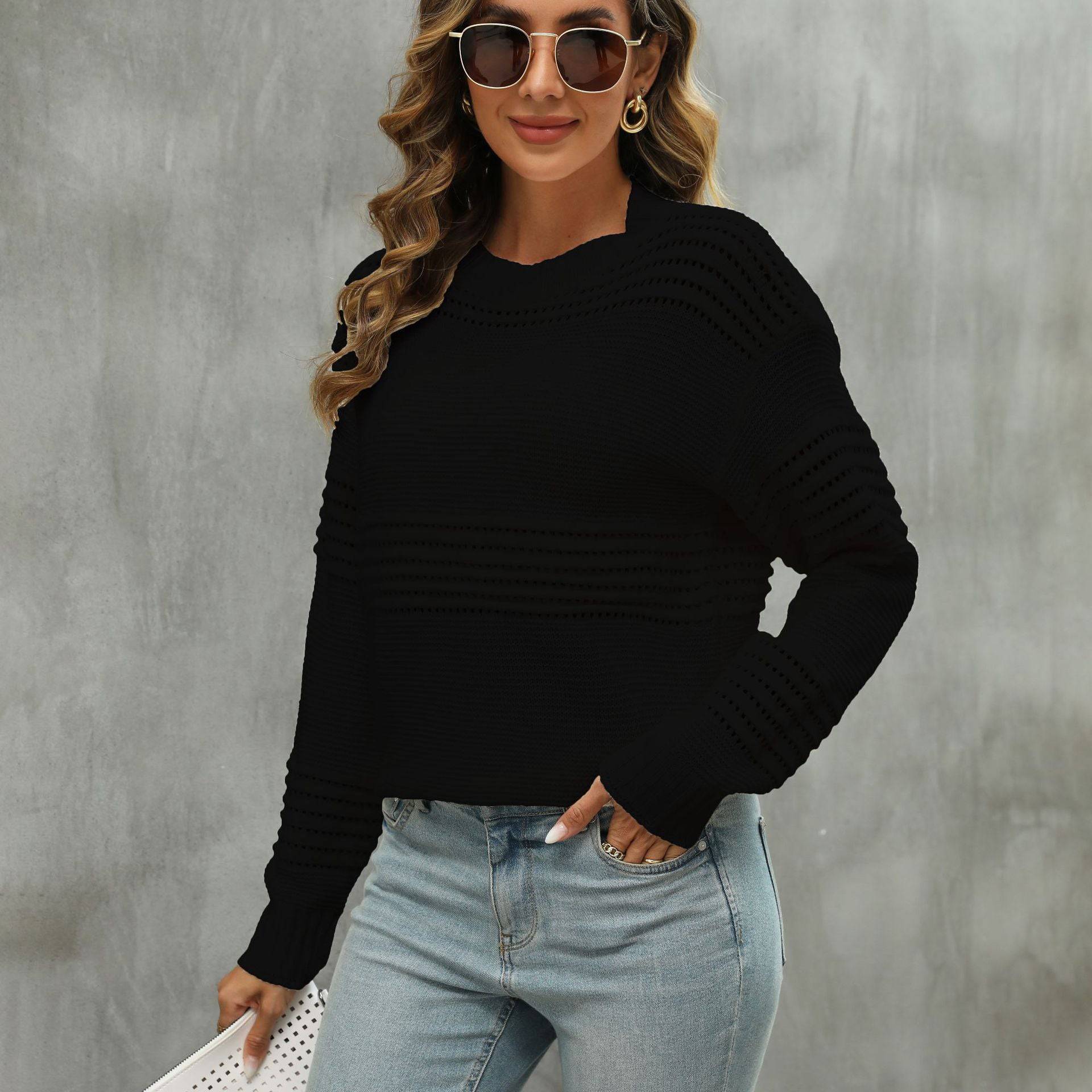 Chic Hollow Out Long-Sleeved Pullover Sweater  S Black 