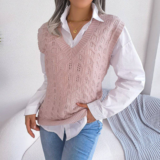 Chic Hollow Out V-Neck Knitted Vest Sweater for Autumn/Winter    