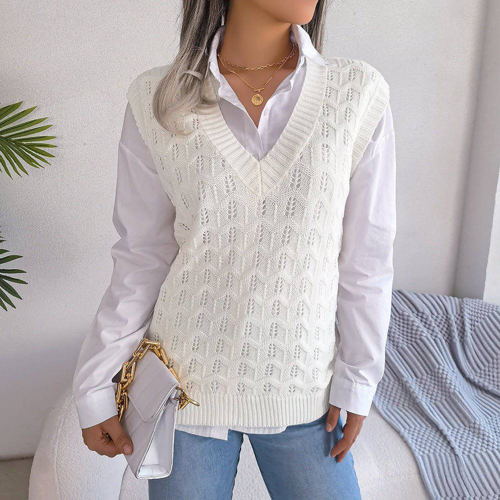 Chic Hollow Out V-Neck Knitted Vest Sweater for Autumn/Winter  S White 