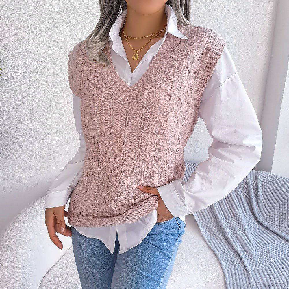 Chic Hollow Out V-Neck Knitted Vest Sweater for Autumn/Winter  S Pink 