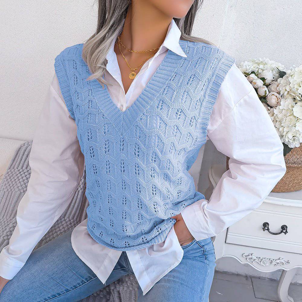 Chic Hollow Out V-Neck Knitted Vest Sweater for Autumn/Winter  S Blue 