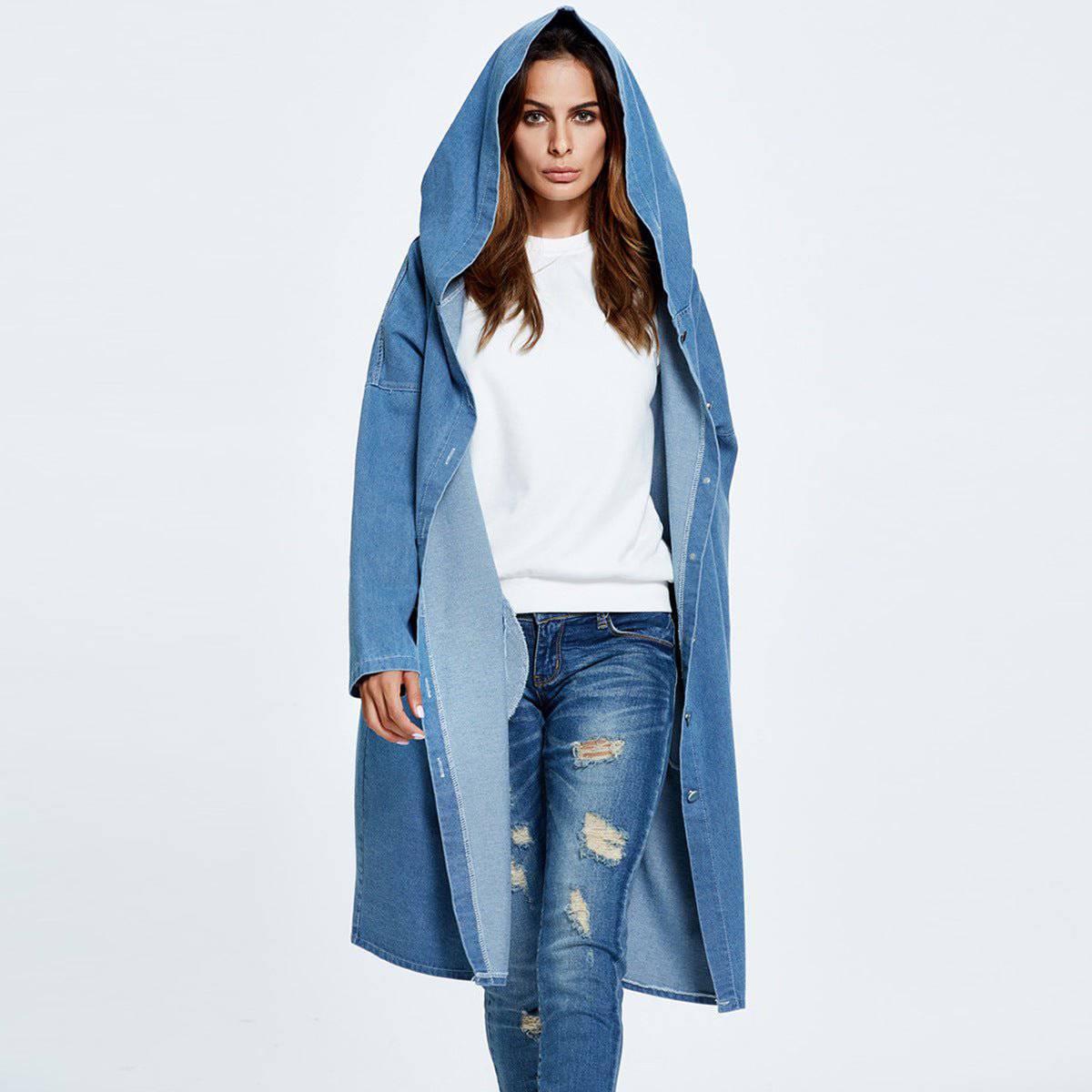 Chic Hooded Denim Trench Coat for Fall and Winter    