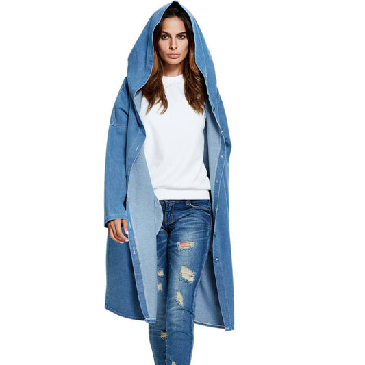 Chic Hooded Denim Trench Coat for Fall and Winter  One Size Light Blue 