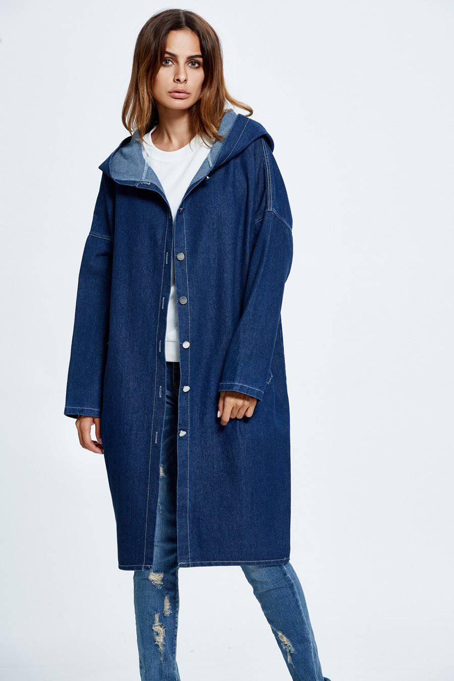 Chic Hooded Denim Trench Coat for Fall and Winter  One Size Navy Blue 