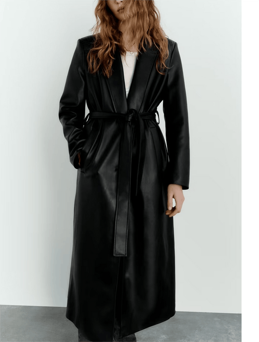 Chic Long Black Faux Leather Trench Coat for Women    