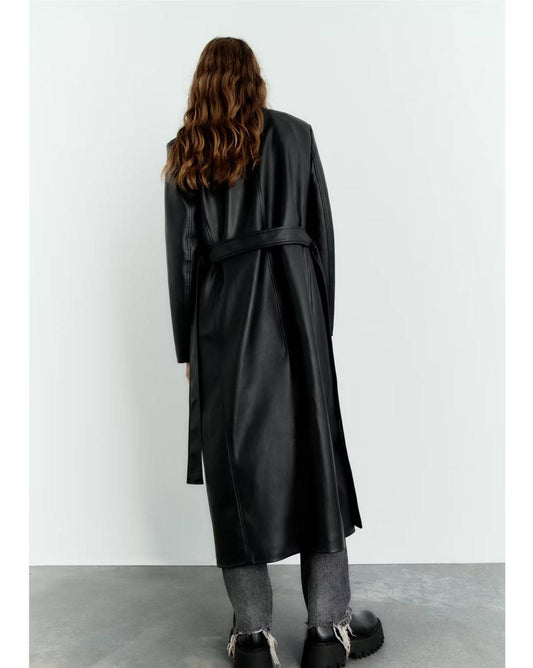 Chic Long Black Faux Leather Trench Coat for Women    