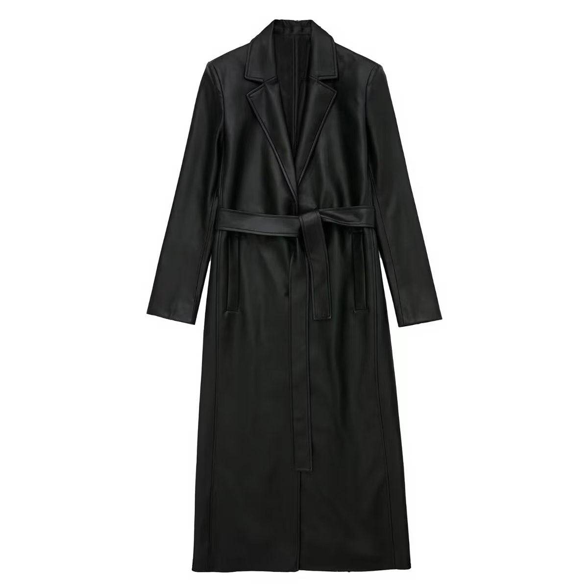 Chic Long Black Faux Leather Trench Coat for Women  XS Black 