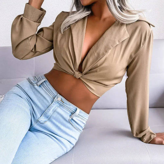 Chic Long-Sleeve Chiffon Crop Top with Knotted Collar    