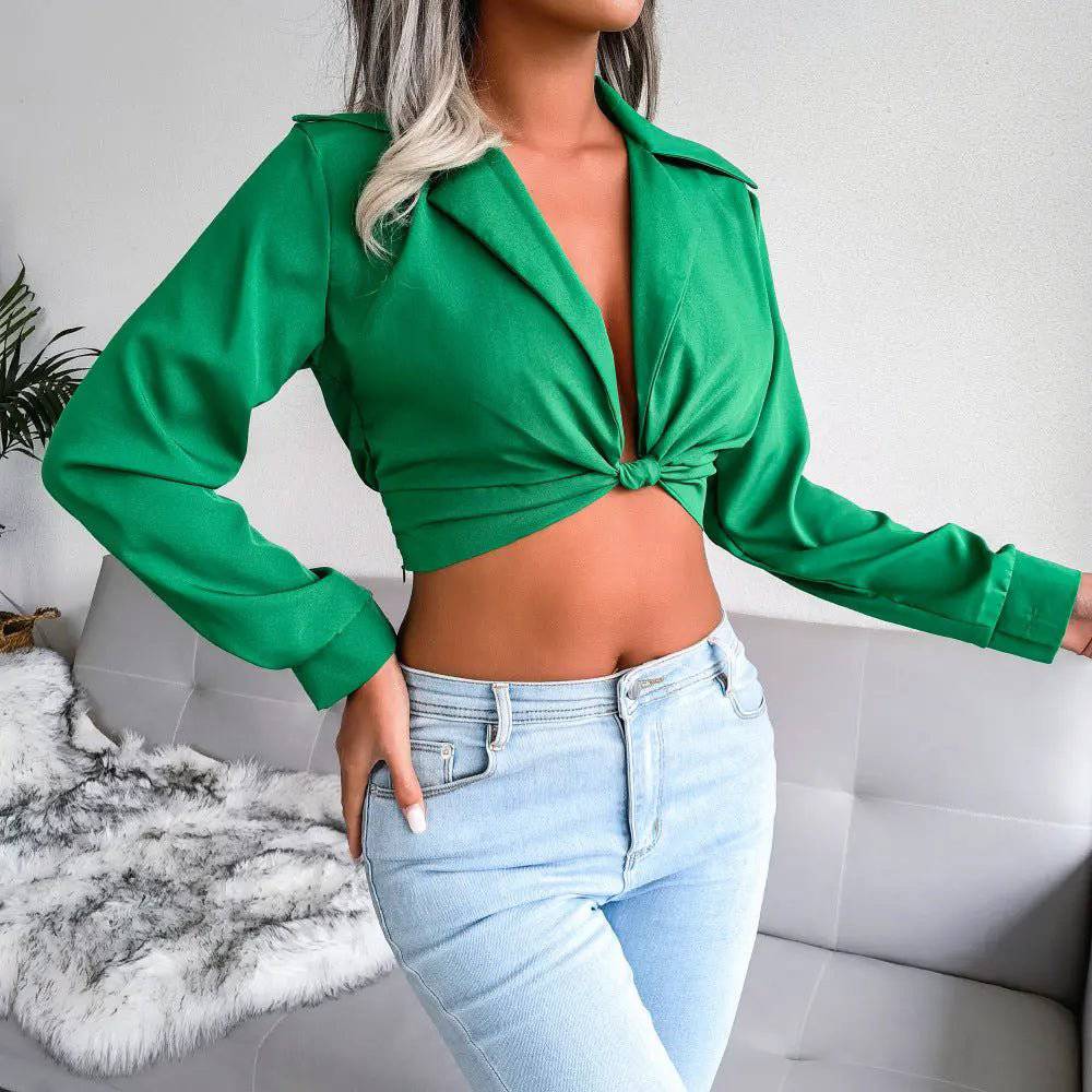 Chic Long-Sleeve Chiffon Crop Top with Knotted Collar    