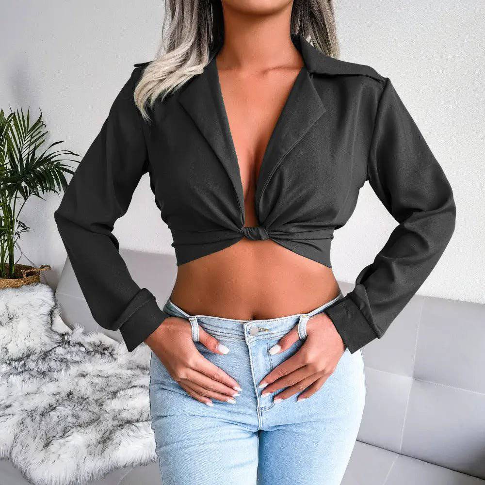 Chic Long-Sleeve Chiffon Crop Top with Knotted Collar  S Black 