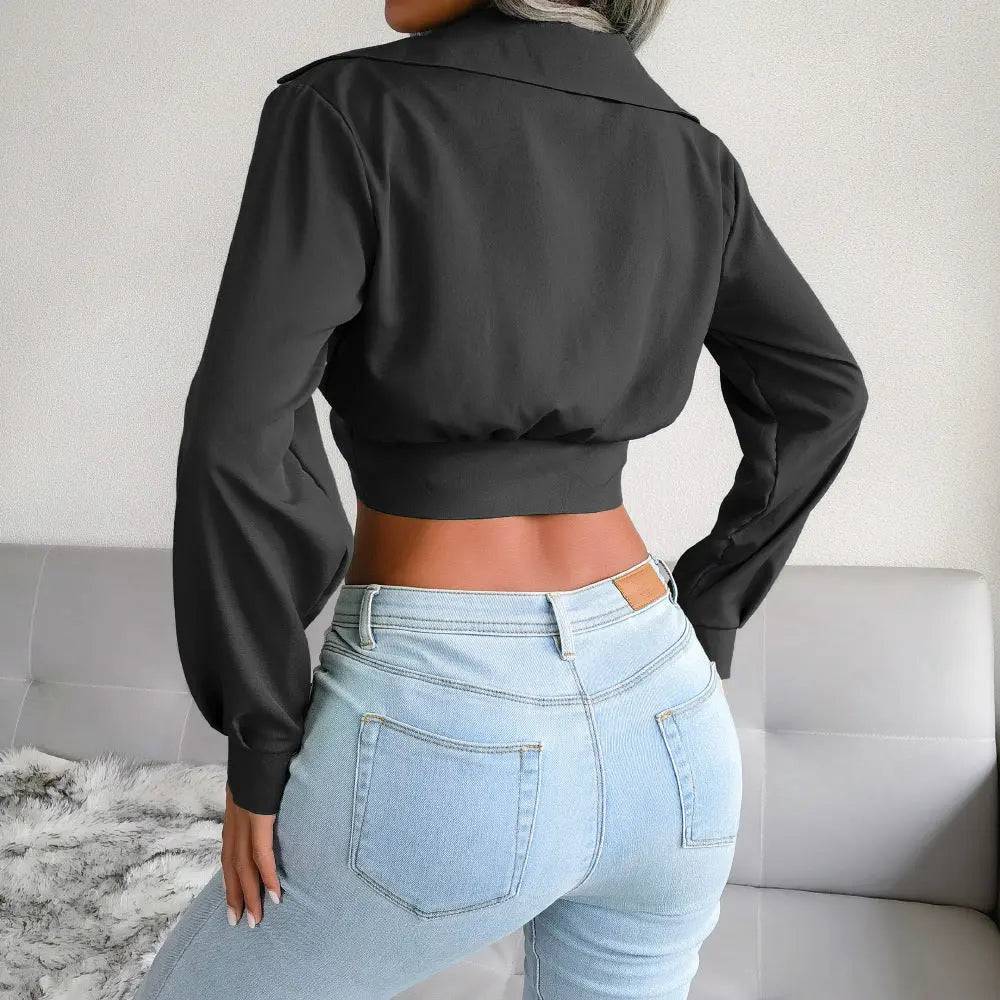 Chic Long-Sleeve Chiffon Crop Top with Knotted Collar    