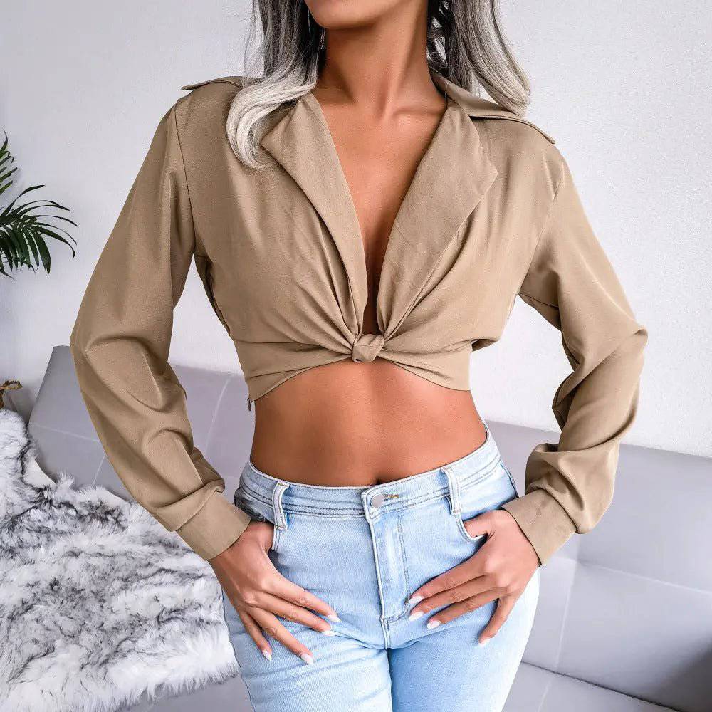 Chic Long-Sleeve Chiffon Crop Top with Knotted Collar    