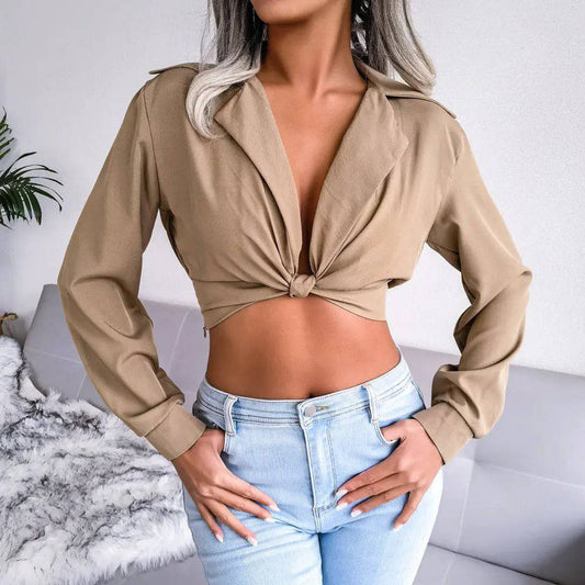 Chic Long-Sleeve Chiffon Crop Top with Knotted Collar    