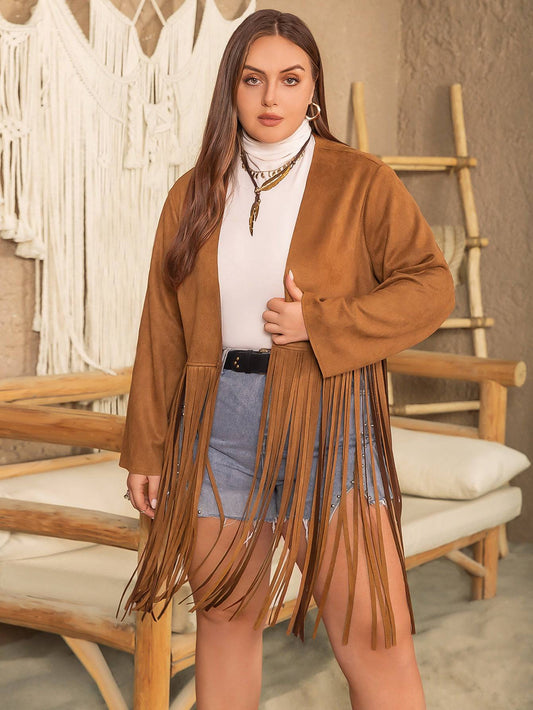 Chic Women's Plus Size Outerwear: Long Sleeve Tassel Coat for Autumn/Winter in Brown