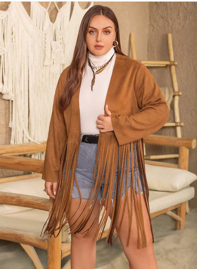 Chic Women's Plus Size Outerwear: Long Sleeve Tassel Coat for Autumn/Winter in Brown