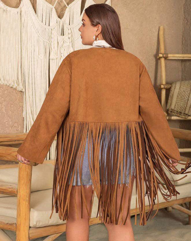 Chic Women's Plus Size Outerwear: Long Sleeve Tassel Coat for Autumn/Winter in Brown