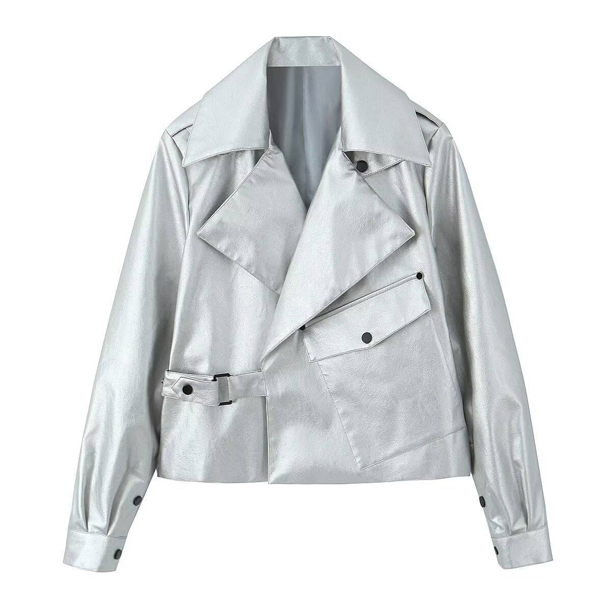 Chic Silver Collared Leather Jacket for Women  S Silver 