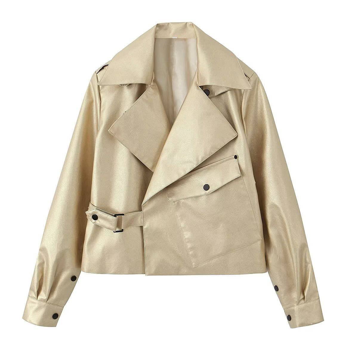 Chic Silver Collared Leather Jacket for Women  S Gold 