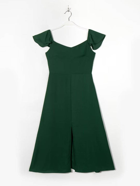 Chic Square Neckline Spring Midi Dress with Flying Sleeves and Back Slit  S Green 