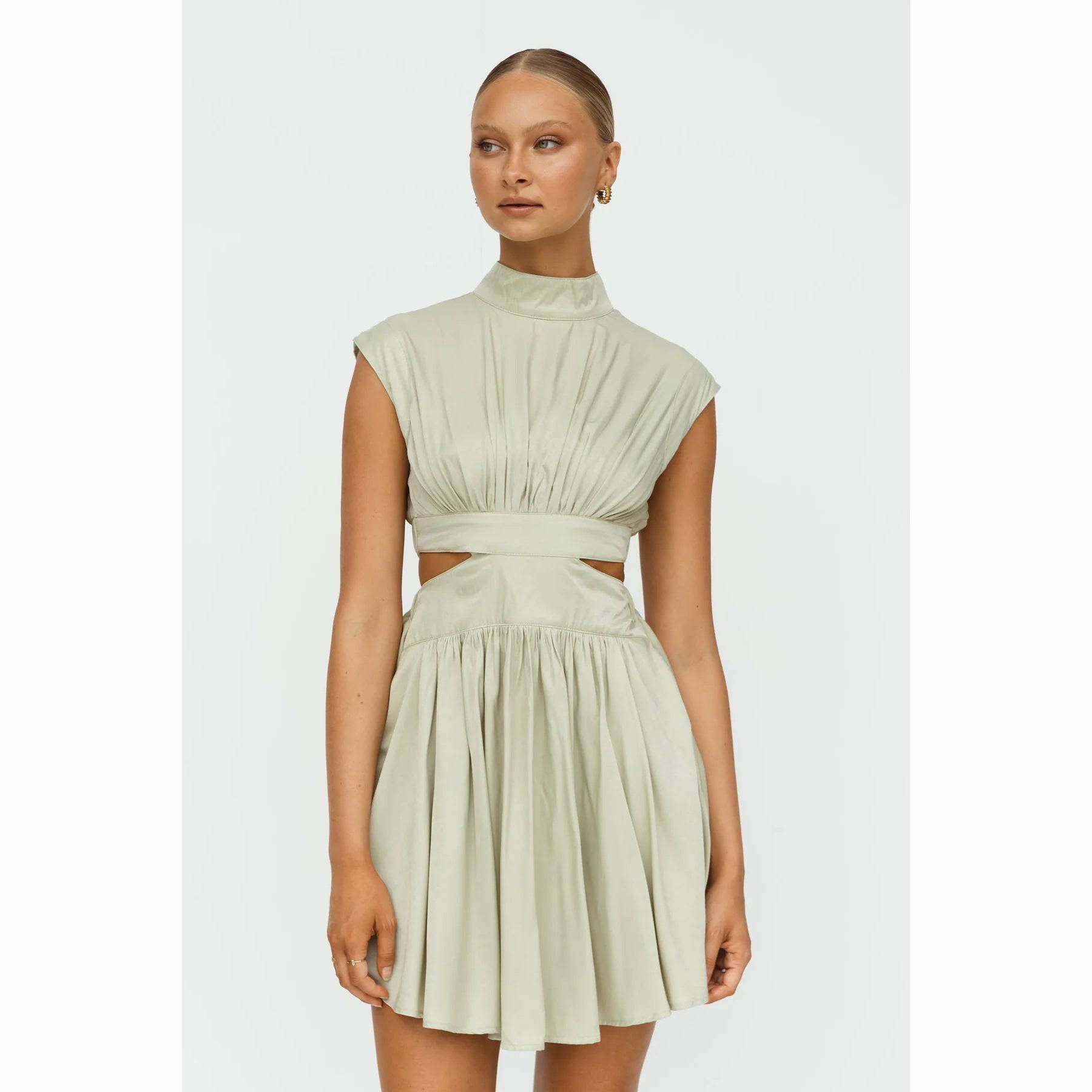 Chic Stand Collar A-Line Short Dress with Cutout and Ruffle Details    