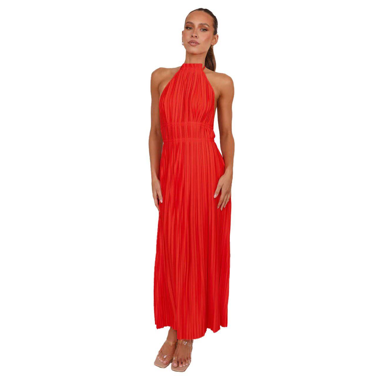 Chic Summer Maxi Dress with Flirty Lace-Up Back  S Red 