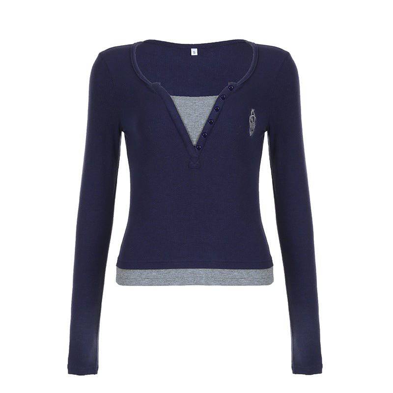 Chic V-neck Patchwork Slim Fit Sweater T-shirt  S Blue 