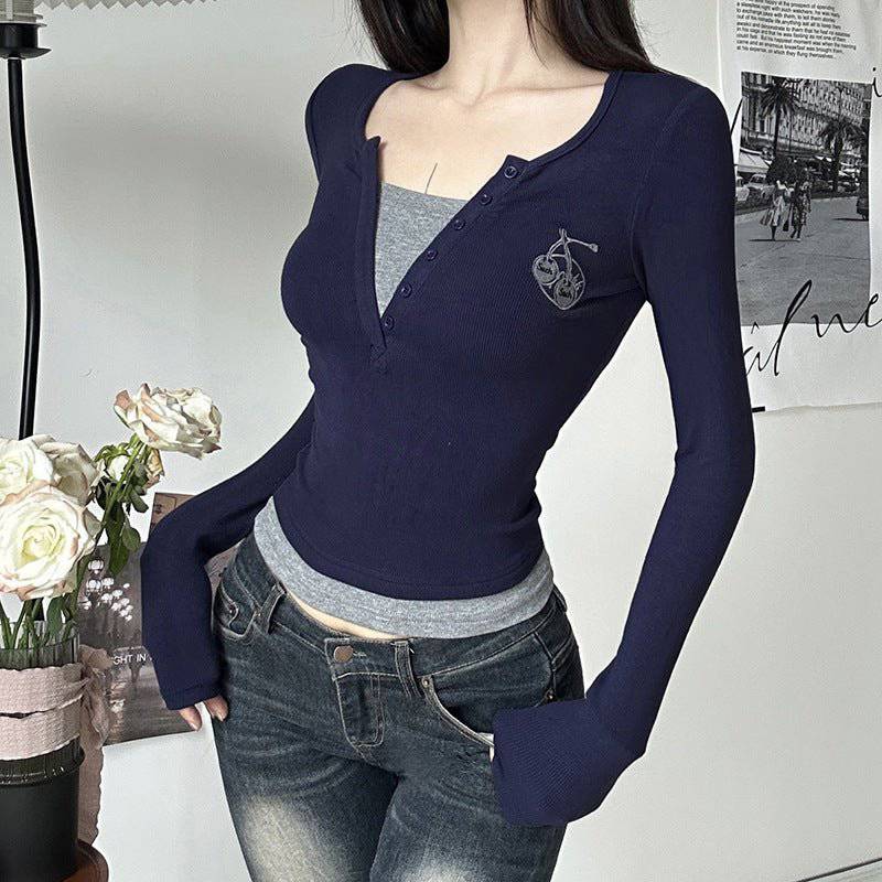 Chic V-neck Patchwork Slim Fit Sweater T-shirt    