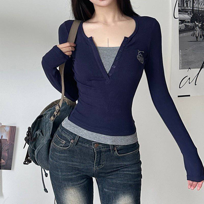 Chic V-neck Patchwork Slim Fit Sweater T-shirt    