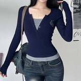 Chic V-neck Patchwork Slim Fit Sweater T-shirt    