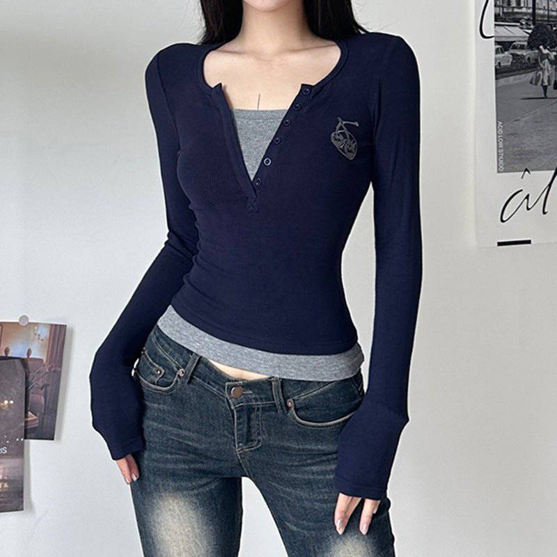 Chic V-neck Patchwork Slim Fit Sweater T-shirt    