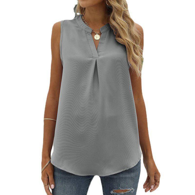 Chiffon Sleeveless V-Neck Top for Women  S Gray 