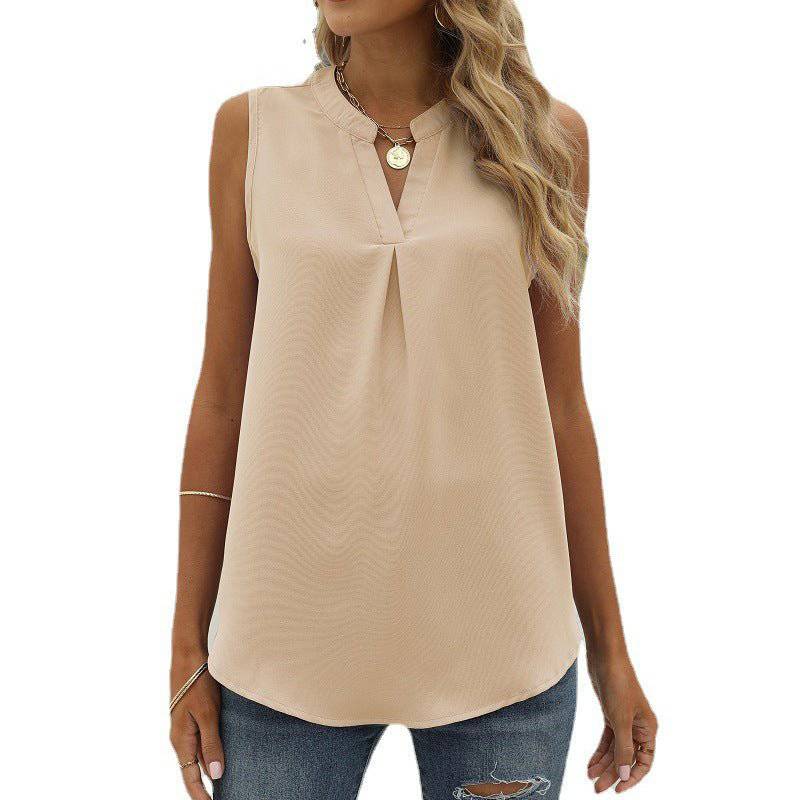 Chiffon Sleeveless V-Neck Top for Women  S Apricot 