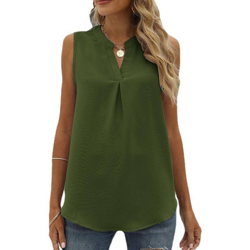 Chiffon Sleeveless V-Neck Top for Women  S Army Green 